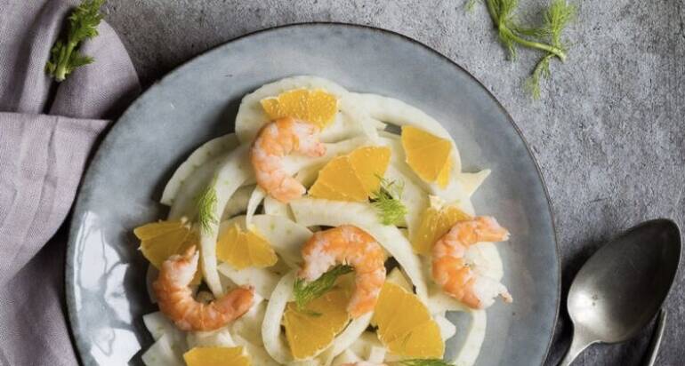 Code di gambero marinate con arance e finocchi